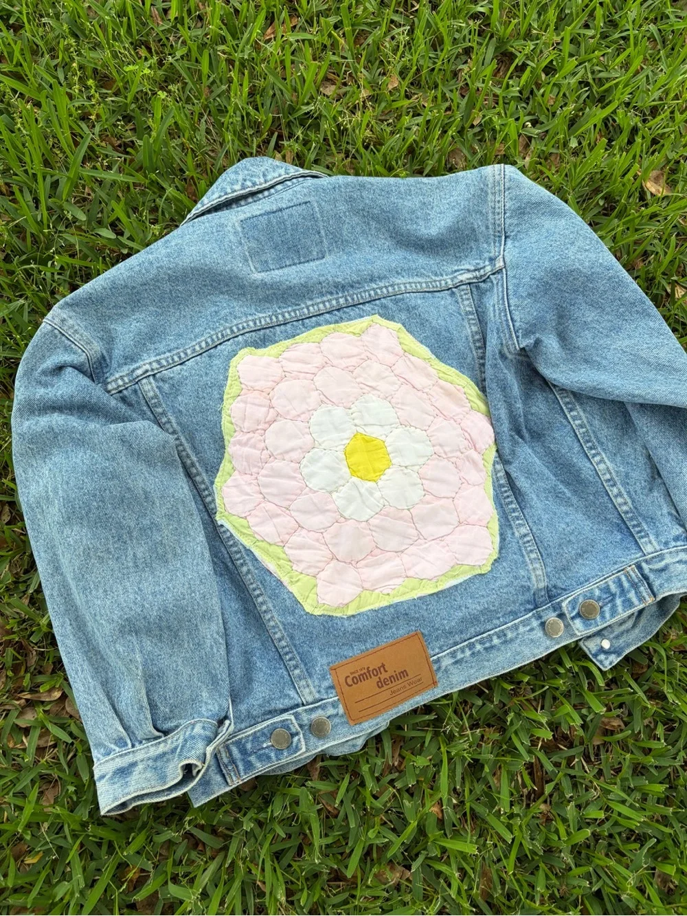 Kids Light Wash Denim Jacket with Pink Floral Patch